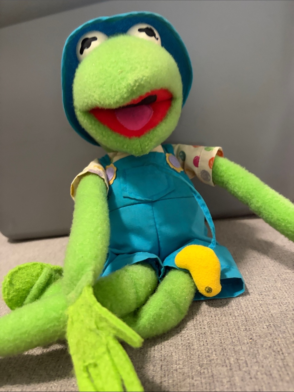 Green Frog Plush Doll in Blue Outfit with Sun Hat